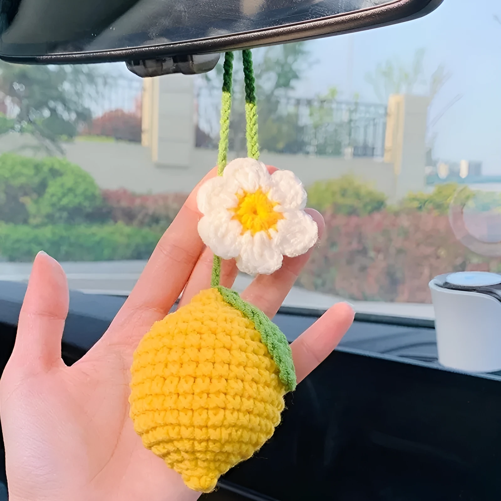 Hand crocheted wool flower fruit car rearview mirror pendant decoration in multi-colour options for simple car interior