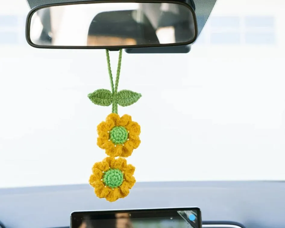 Hand crocheted wool flower fruit car rearview mirror pendant decoration in multi-colour options for simple car interior