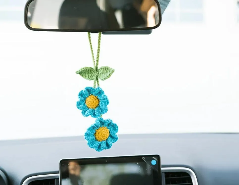 Hand crocheted wool flower fruit car rearview mirror pendant decoration in multi-colour options for simple car interior