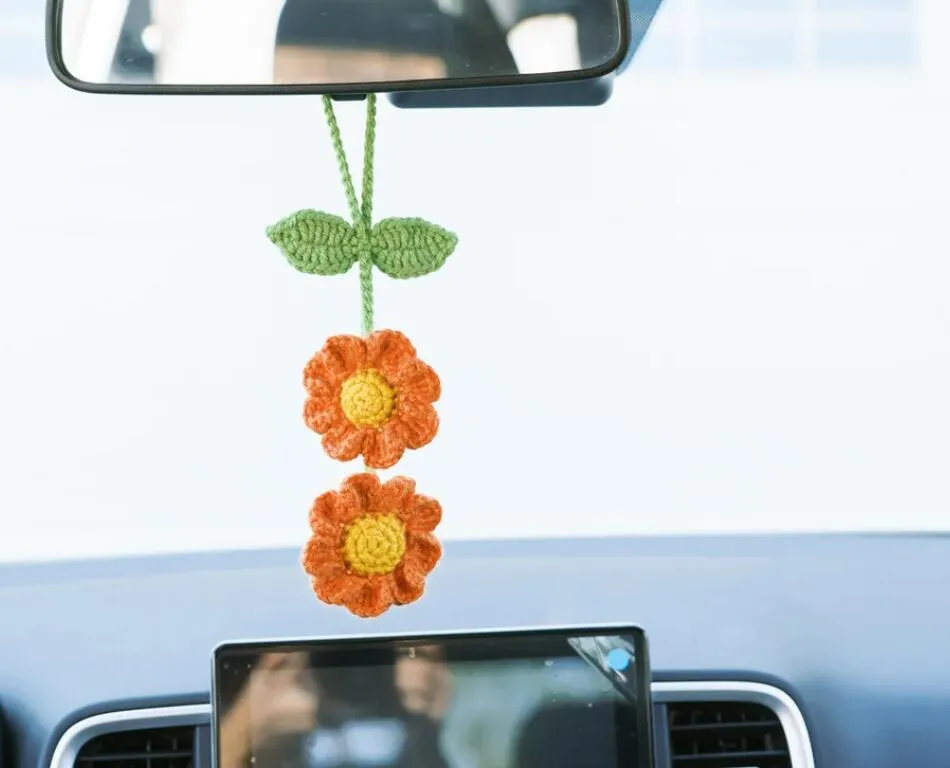 Hand crocheted wool flower fruit car rearview mirror pendant decoration in multi-colour options for simple car interior
