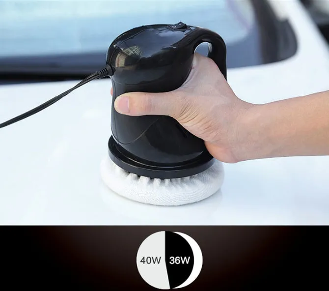 12V car polishing machine with ergonomic handle, thick cigarette lighter cord, black and orange colours