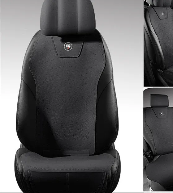 Ultra thin fur car seat cushion in Hermes orange colour with visible ventilation holes and leather backing