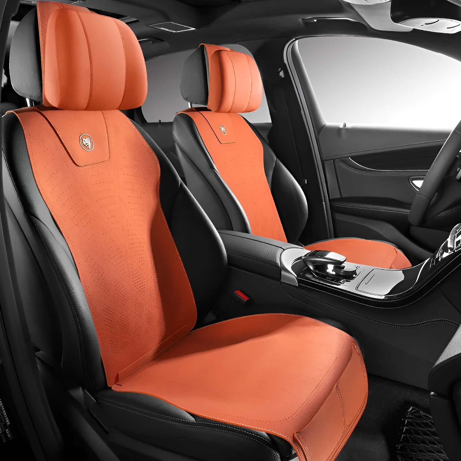 Ultra thin fur car seat cushion in Hermes orange colour with visible ventilation holes and leather backing