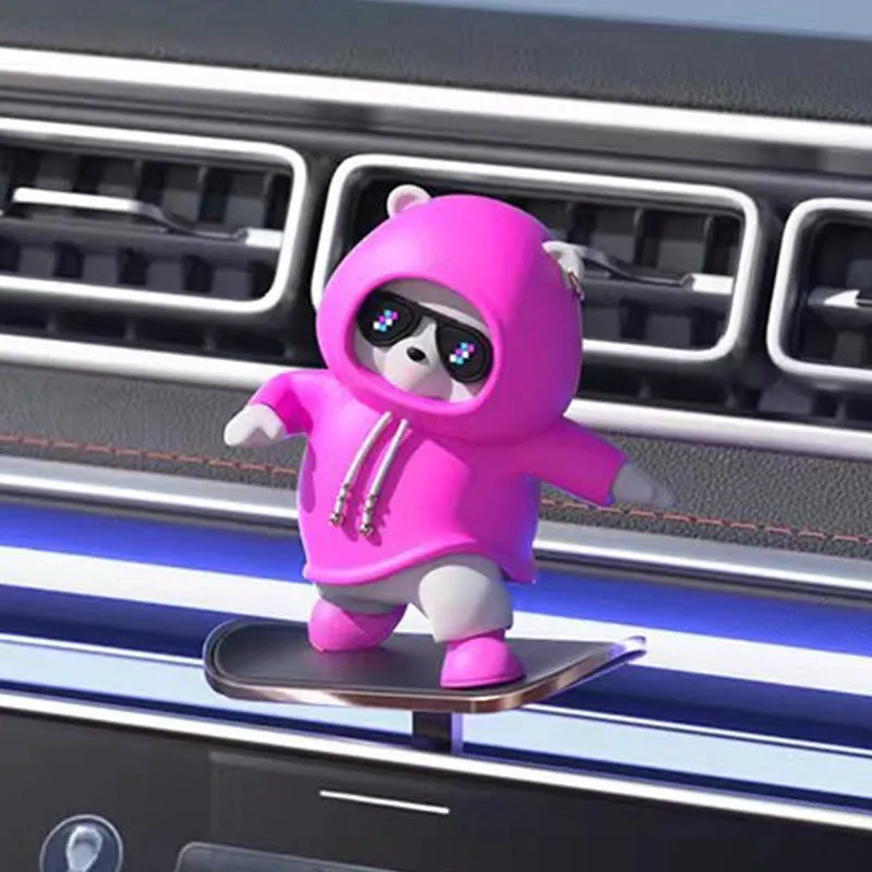 Mobile bear car decoration alloy cartoon moving bear ornament in Cherry Blossom Pink on car dashboard