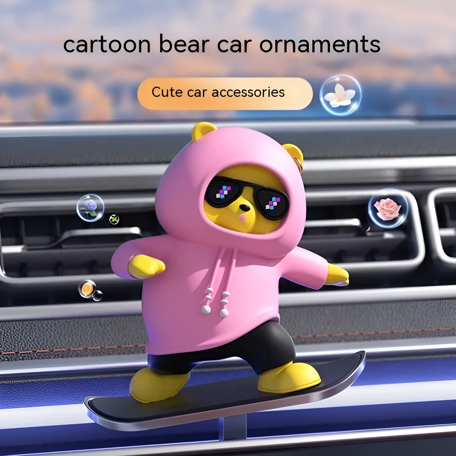 Mobile bear car decoration alloy cartoon moving bear ornament in Cherry Blossom Pink on car dashboard