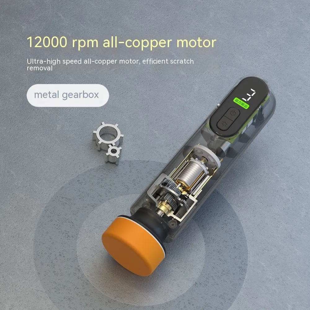 Wireless car scratch repair machine with alloy body in black, USB charging, and two sponge heads