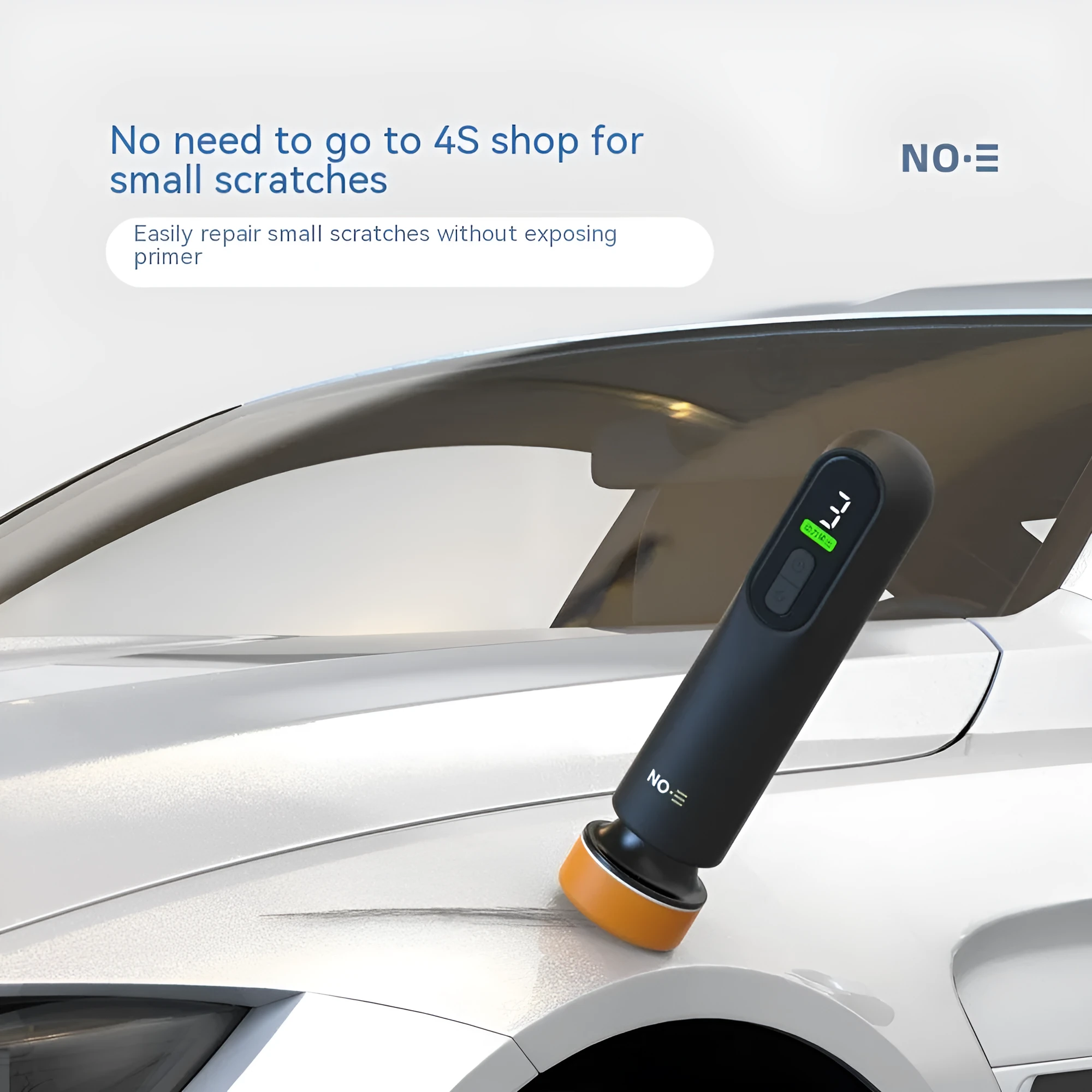 Wireless car scratch repair machine with alloy body in black, USB charging, and two sponge heads