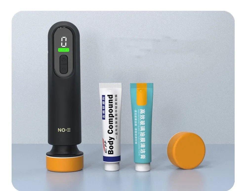Wireless car scratch repair machine with alloy body in black, USB charging, and two sponge heads
