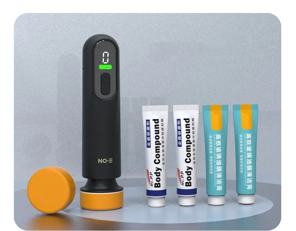 Wireless car scratch repair machine with alloy body in black, USB charging, and two sponge heads