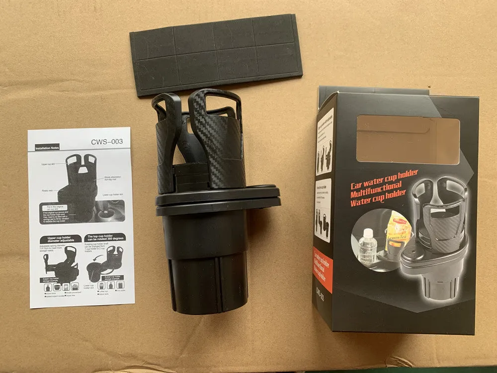Double-layer rotating car cup holder with black ribbon sponge box showing top and bottom storage sections