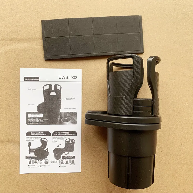 Double-layer rotating car cup holder with black ribbon sponge box showing top and bottom storage sections