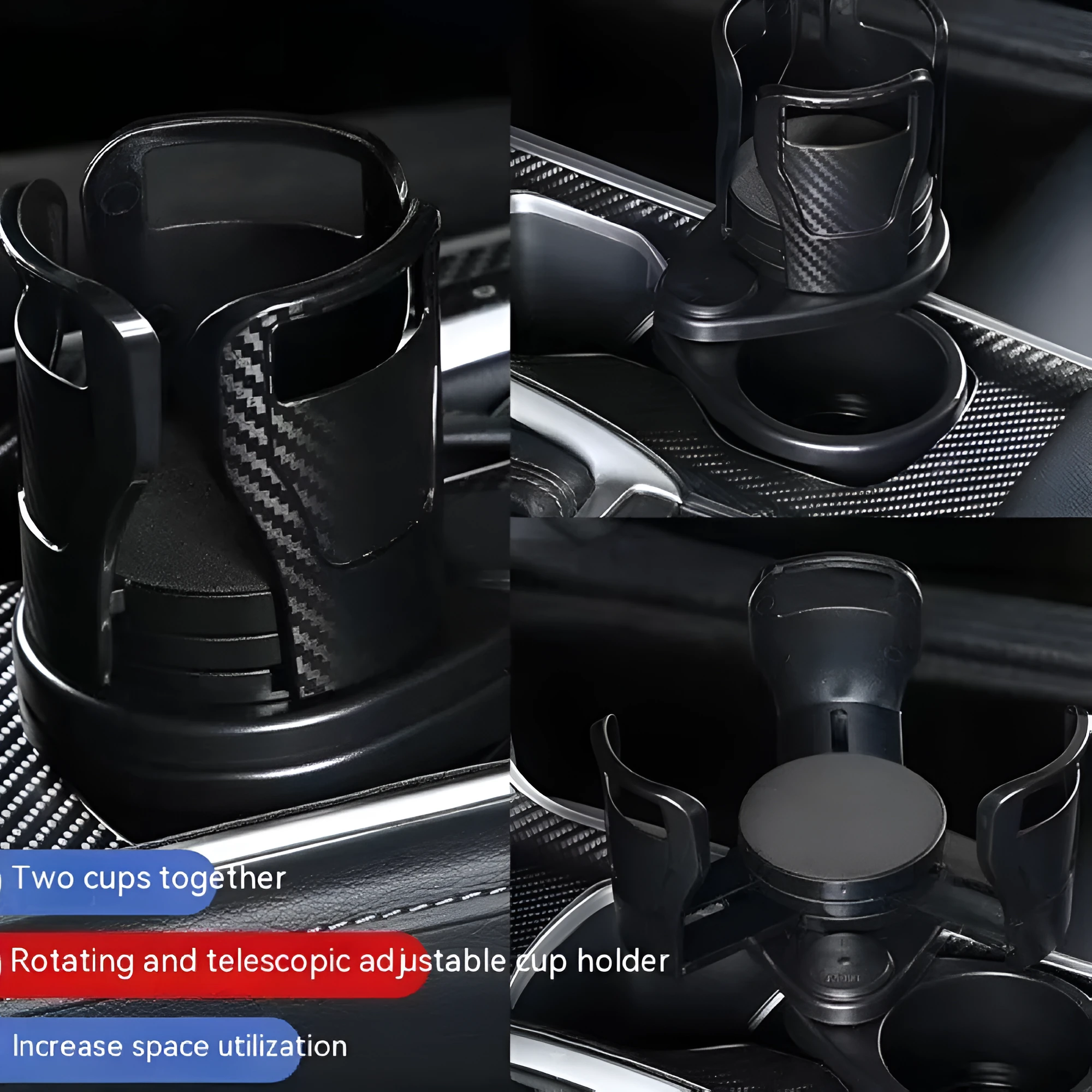 Double-layer rotating car cup holder with black ribbon sponge box showing top and bottom storage sections