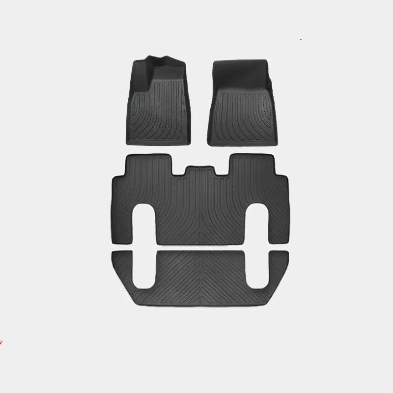 TPE rubber car mat set for Tesla Model X showing front, rear, and tailbox mats.