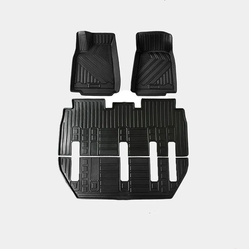 TPE rubber car mat set for Tesla Model X showing front, rear, and tailbox mats.