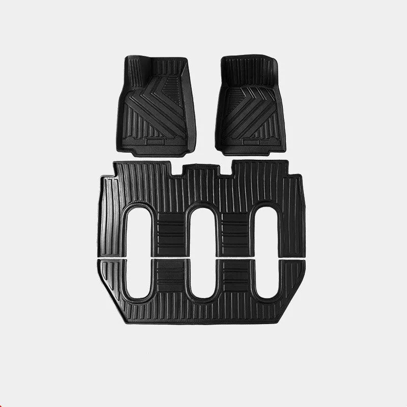 TPE rubber car mat set for Tesla Model X showing front, rear, and tailbox mats.