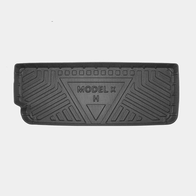 TPE rubber car mat set for Tesla Model X showing front, rear, and tailbox mats.