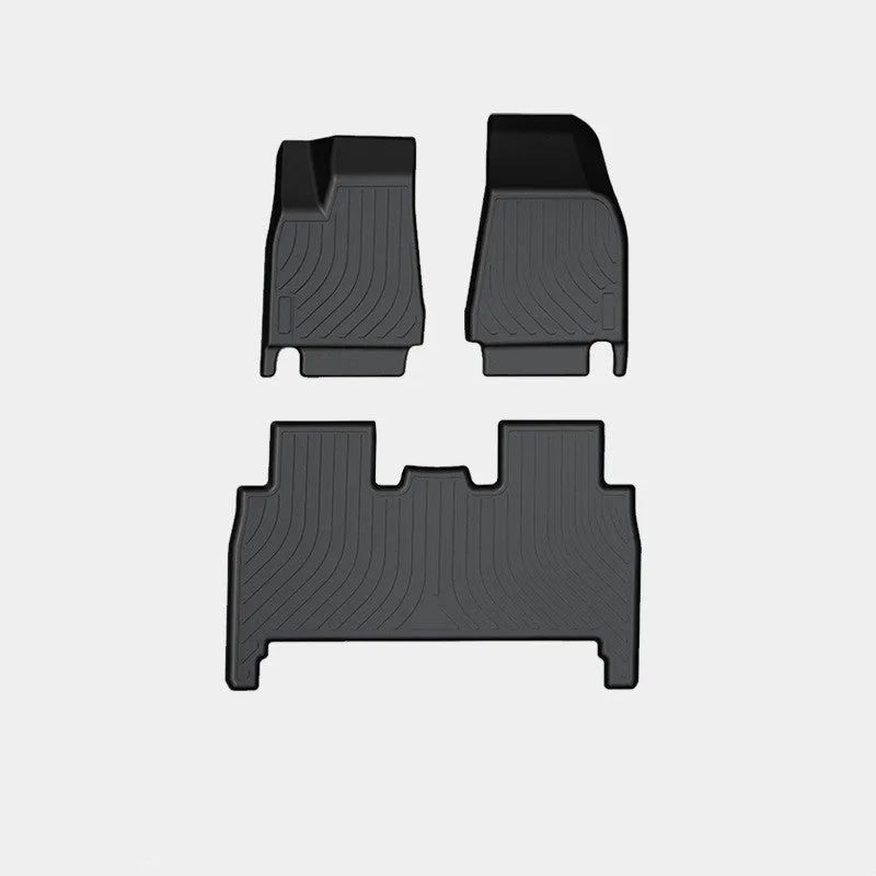 TPE rubber car mat set for Tesla Model X showing front, rear, and tailbox mats.