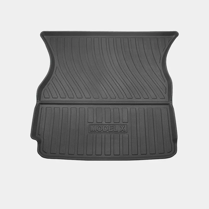 TPE rubber car mat set for Tesla Model X showing front, rear, and tailbox mats.