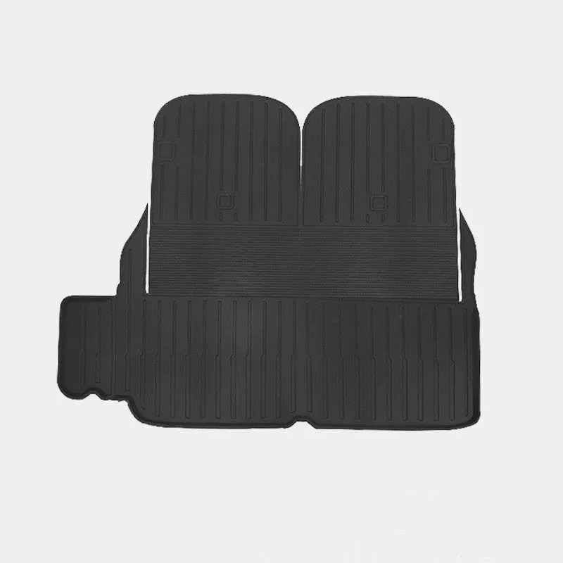 TPE rubber car mat set for Tesla Model X showing front, rear, and tailbox mats.