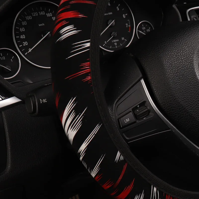Elastic imitation leather steering wheel cover in black red colour without inner ring, sports style