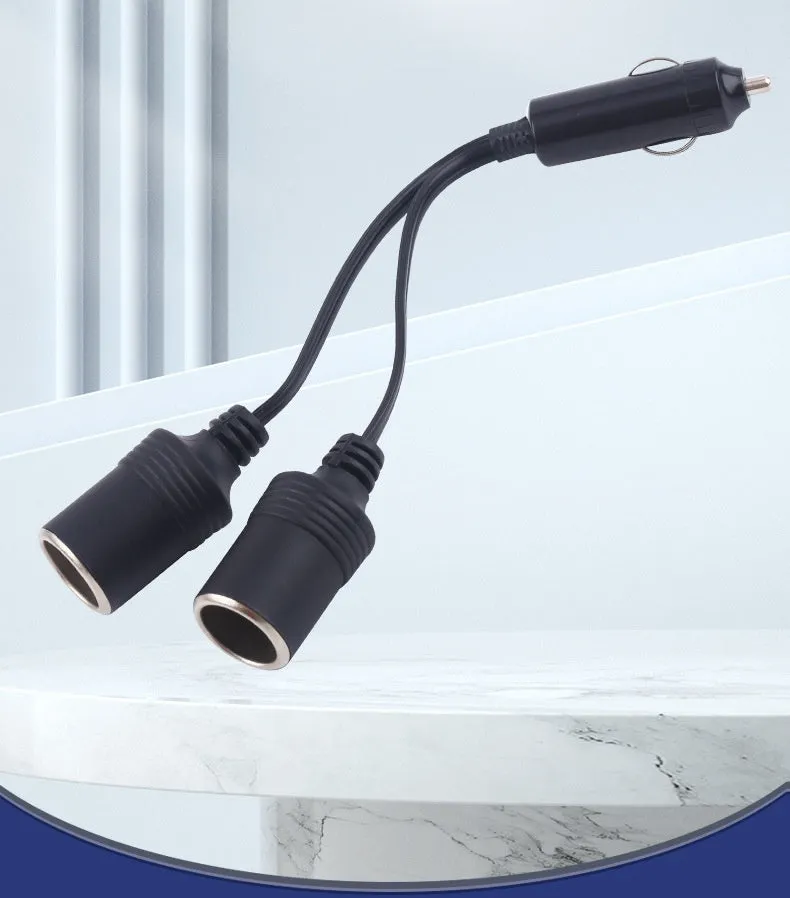 Black vehicle-mounted one-to-two cigarette lighter splitter with USB and 25cm 18AWG cable
