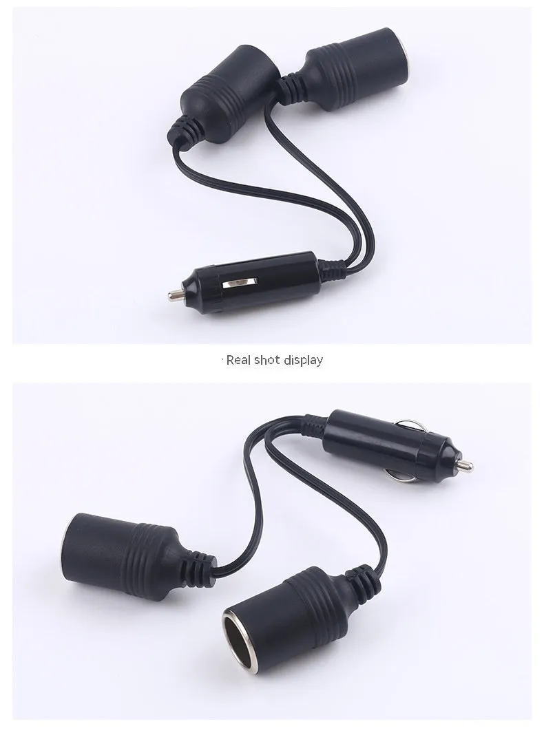 Black vehicle-mounted one-to-two cigarette lighter splitter with USB and 25cm 18AWG cable
