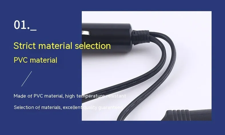 Black vehicle-mounted one-to-two cigarette lighter splitter with USB and 25cm 18AWG cable