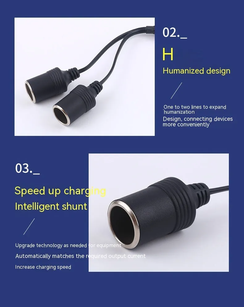 Black vehicle-mounted one-to-two cigarette lighter splitter with USB and 25cm 18AWG cable