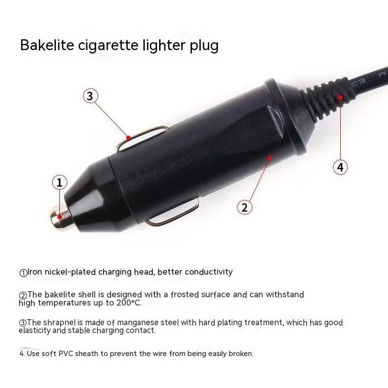 Black vehicle-mounted one-to-two cigarette lighter splitter with USB and 25cm 18AWG cable