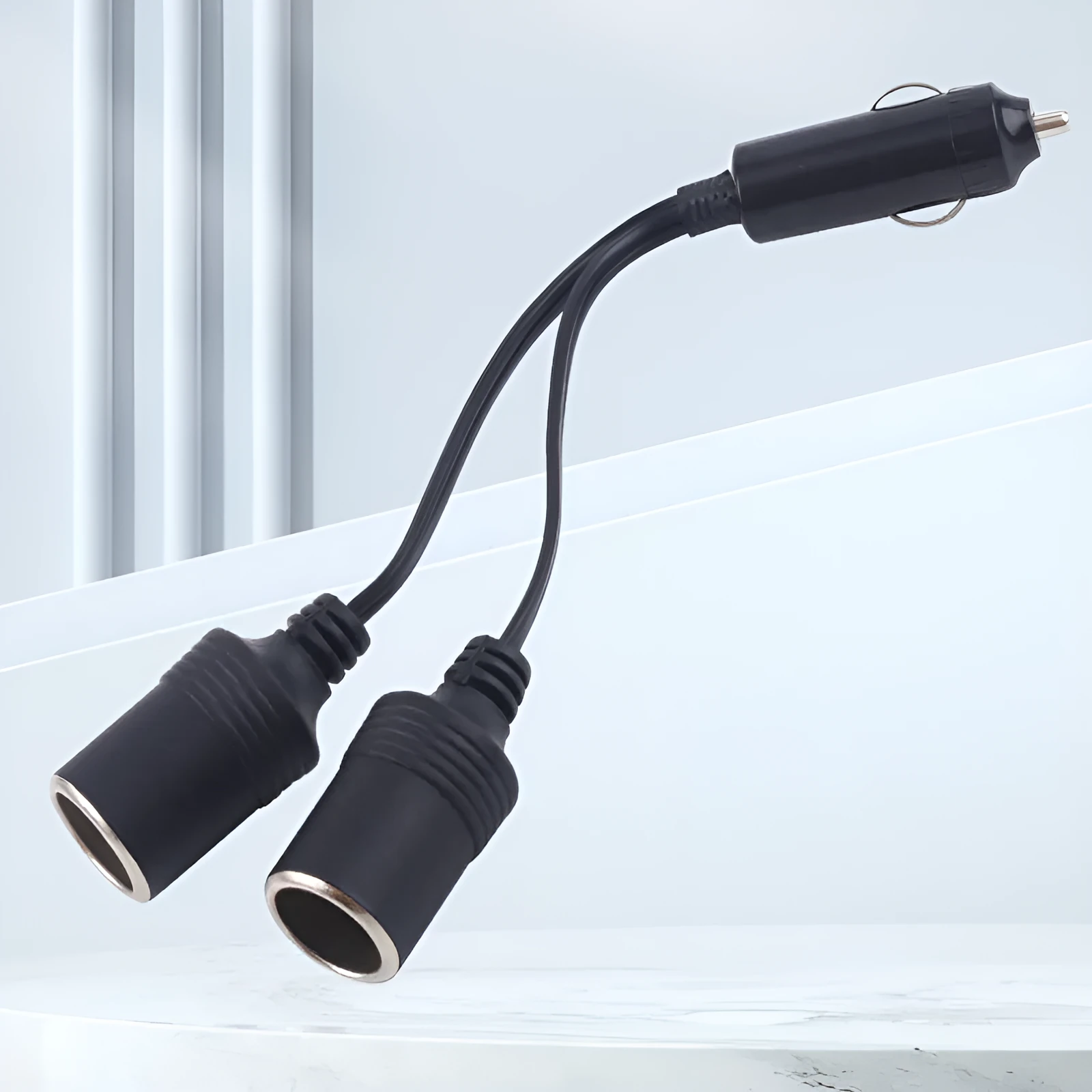 Black vehicle-mounted one-to-two cigarette lighter splitter with USB and 25cm 18AWG cable