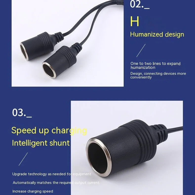 Black vehicle-mounted one-to-two cigarette lighter splitter with USB and 25cm 18AWG cable
