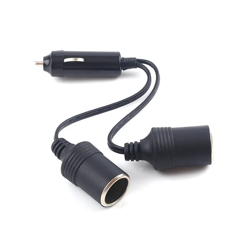 Black vehicle-mounted one-to-two cigarette lighter splitter with USB and 25cm 18AWG cable