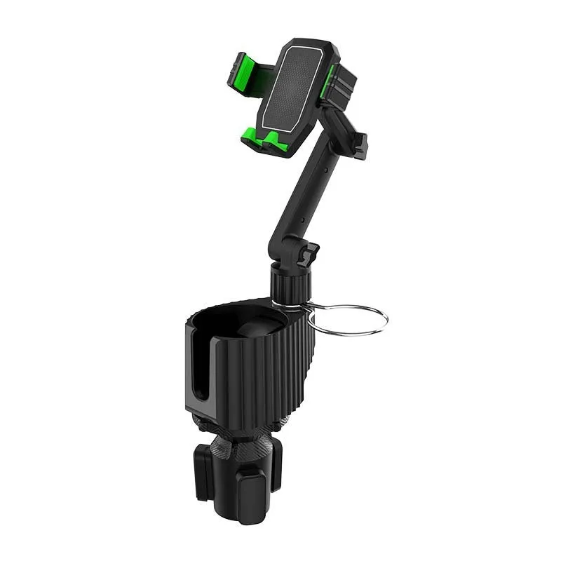 Green car dashboard drink and mobile phone holder made of ABS/PC plastic on a car interior.