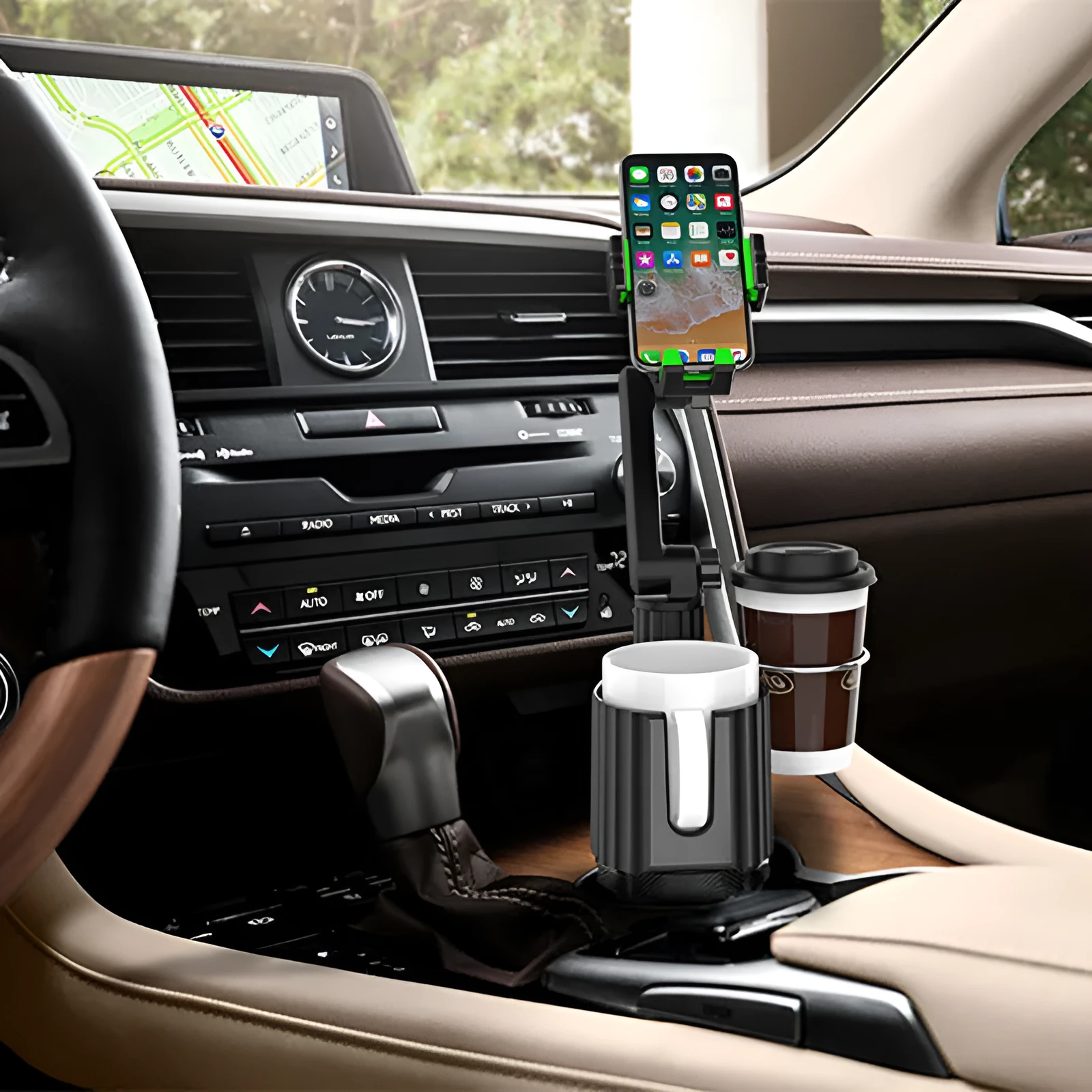 Green car dashboard drink and mobile phone holder made of ABS/PC plastic on a car interior.