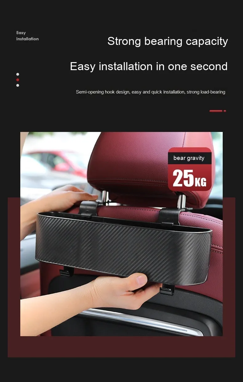 Car seat back hook storage box in black, made from ABS carbon fibre pattern material, for hanging organisation