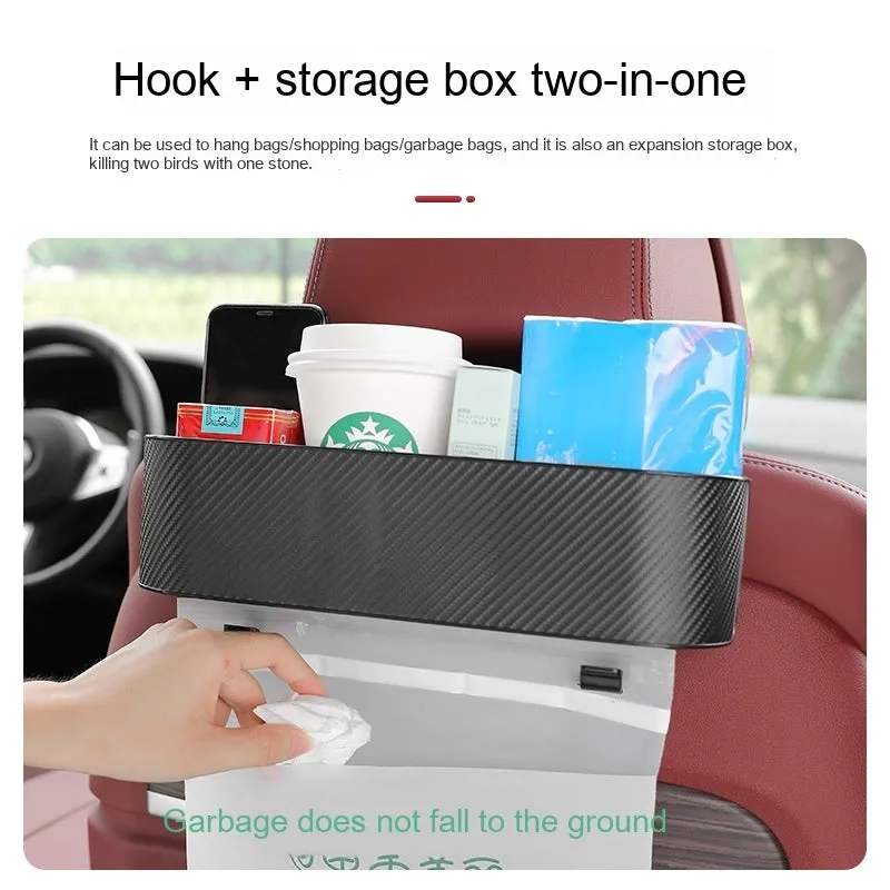 Car seat back hook storage box in black, made from ABS carbon fibre pattern material, for hanging organisation
