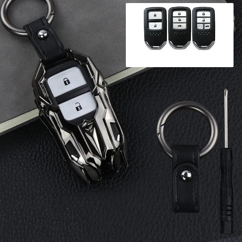 Black zinc alloy car key cover with highlight polish finish protecting a key fob
