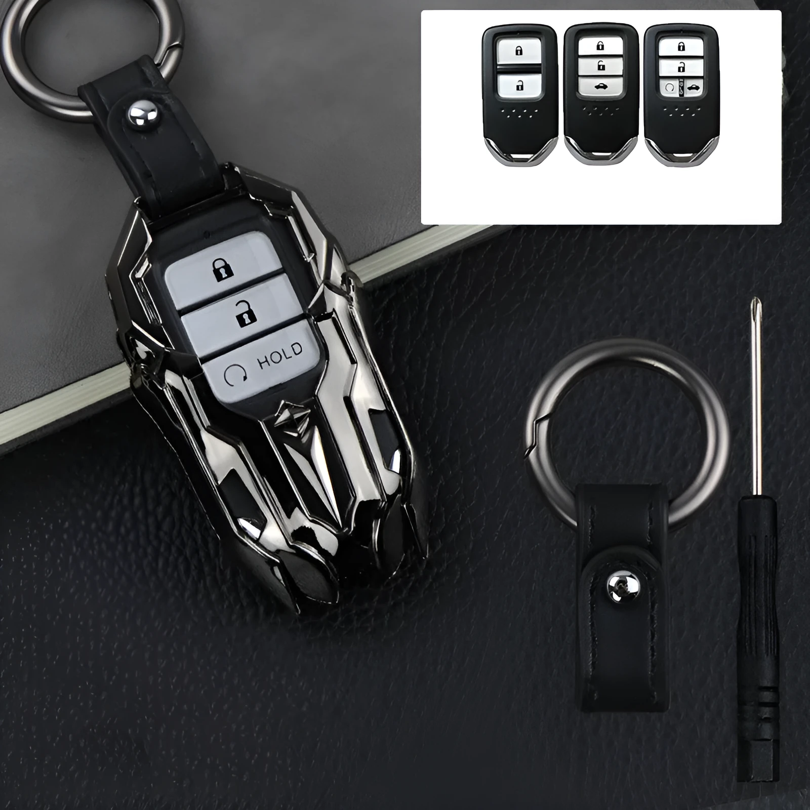 Black zinc alloy car key cover with highlight polish finish protecting a key fob