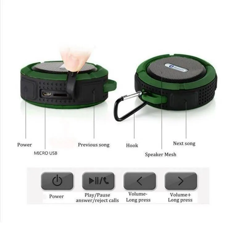 Waterproof Bluetooth speaker in Army Green with 500mAh battery and dual 3W drivers