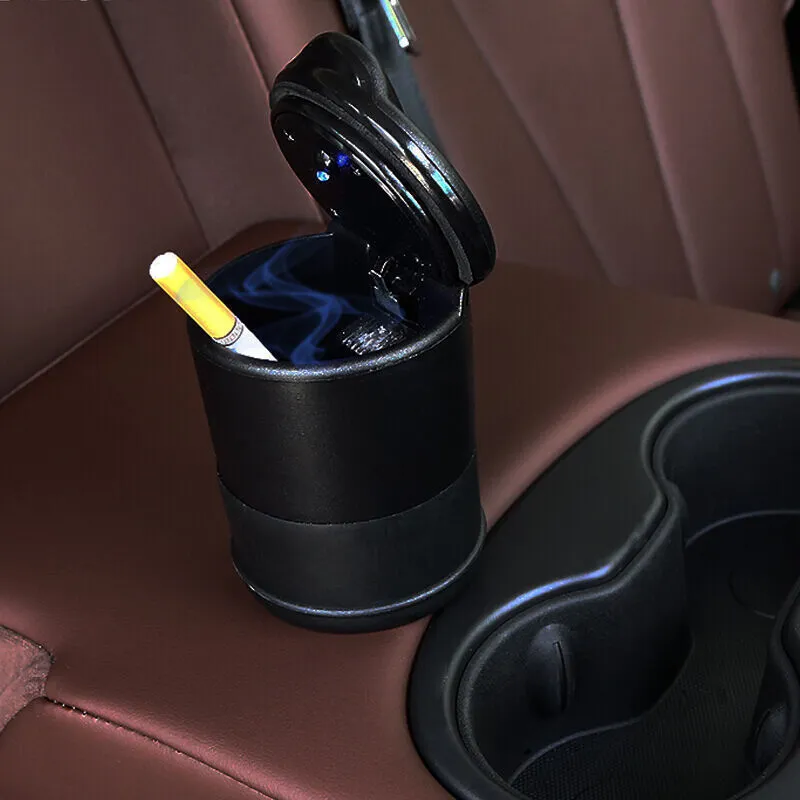 Portable solar rechargeable car ashtray with LED light, detachable cover, gold finish, fits cup holder