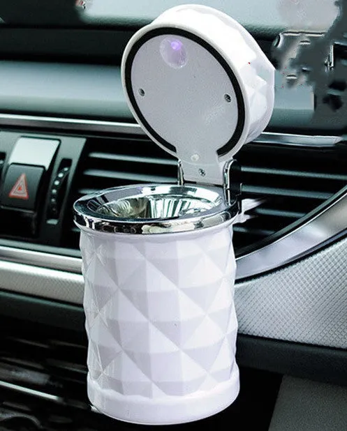 Portable solar rechargeable car ashtray with LED light, detachable cover, gold finish, fits cup holder