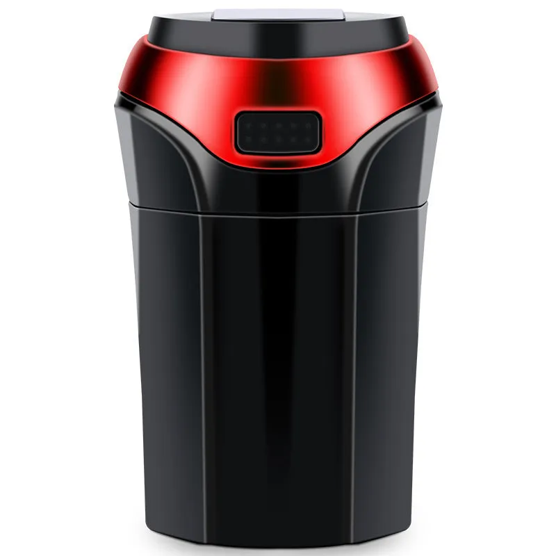 Portable solar rechargeable car ashtray with LED light, detachable cover, gold finish, fits cup holder