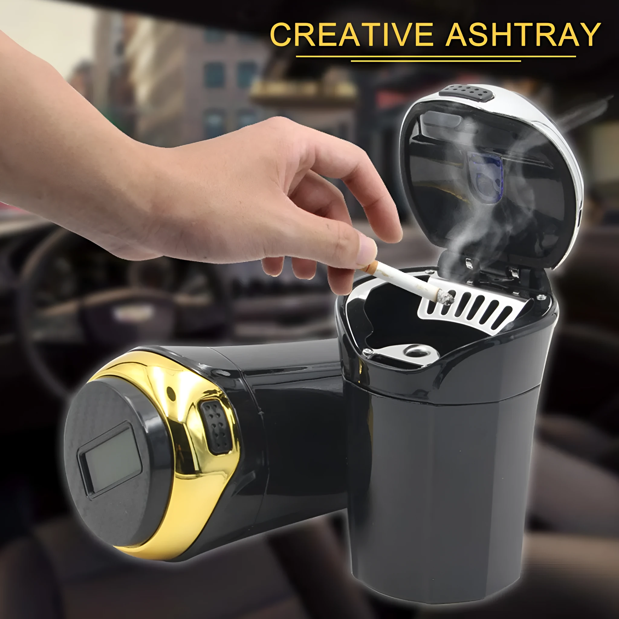 Portable solar rechargeable car ashtray with LED light, detachable cover, gold finish, fits cup holder