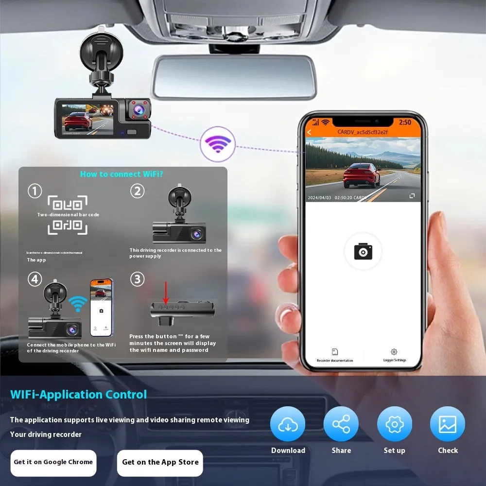 Black Wi-Fi dash cam with 2-inch screen, front lens, and separate rear camera for car reversing.