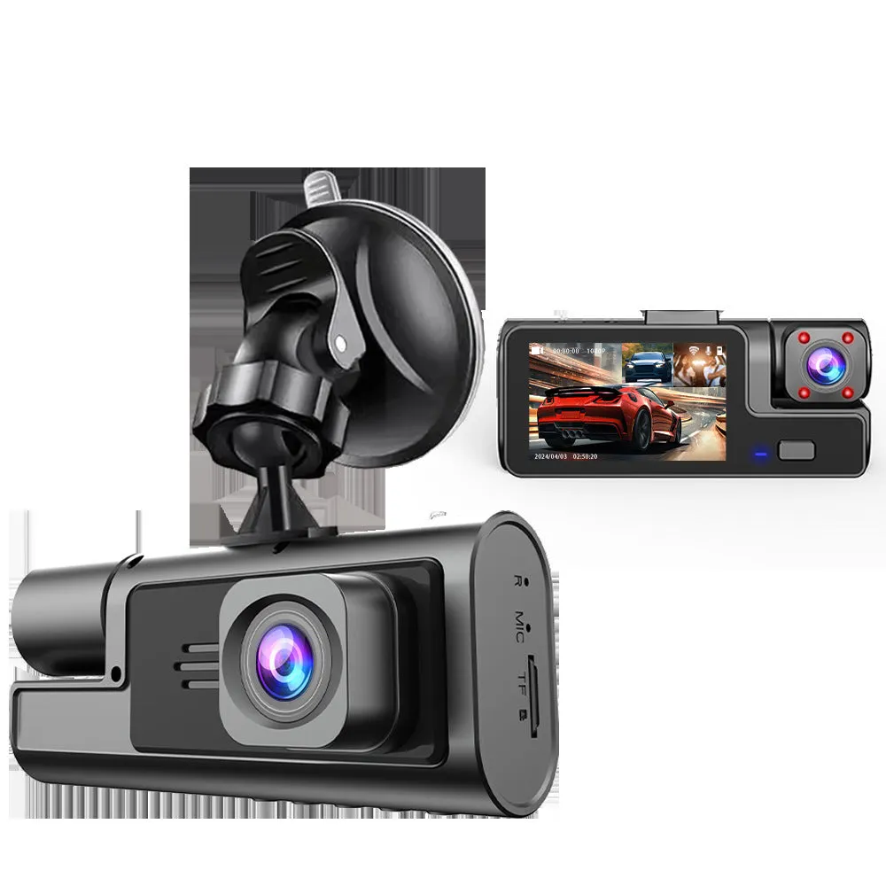 Black Wi-Fi dash cam with 2-inch screen, front lens, and separate rear camera for car reversing.