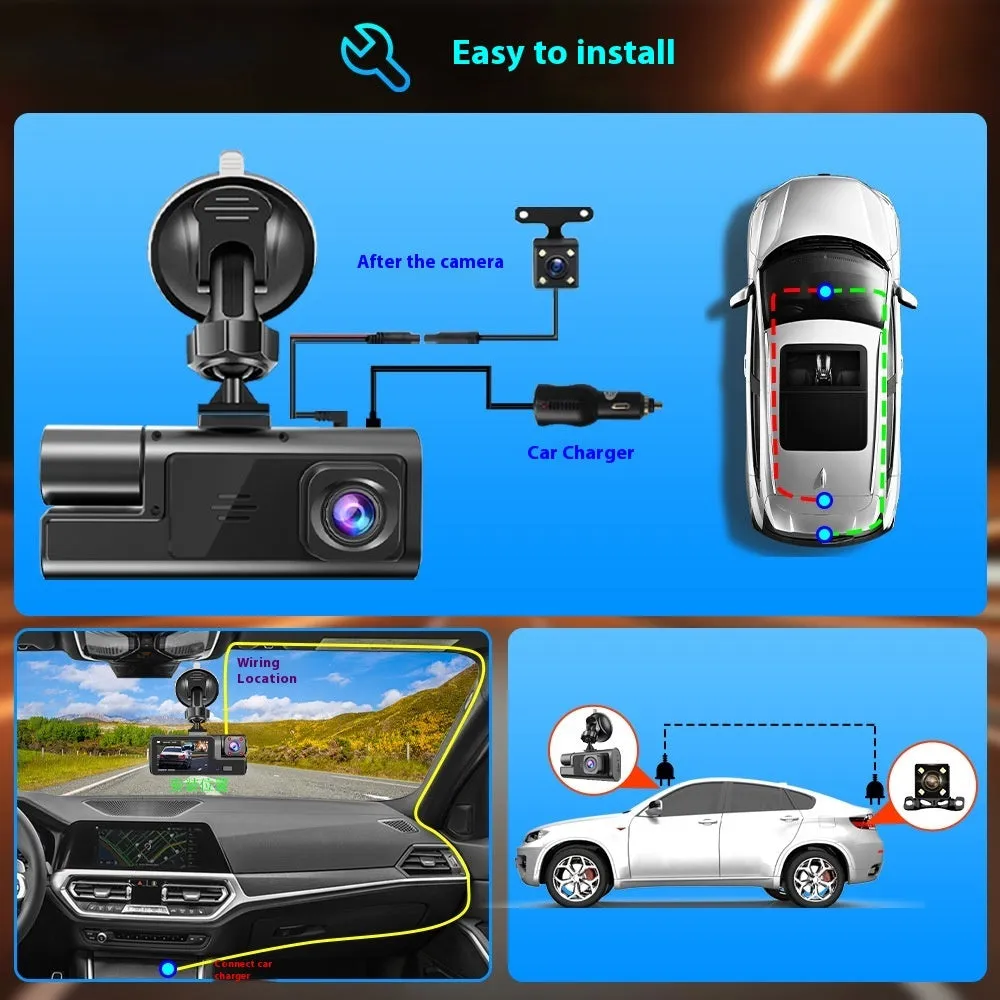 Black Wi-Fi dash cam with 2-inch screen, front lens, and separate rear camera for car reversing.