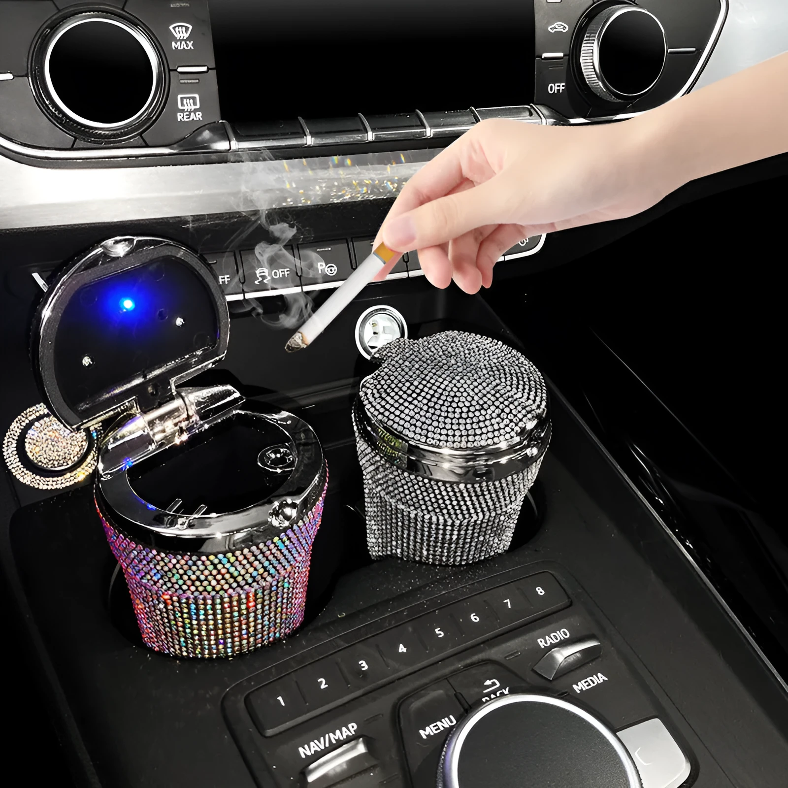 Creative covered diamond inlaid car ashtray with rhinestone finish, 7.5cm size, multi-colour option