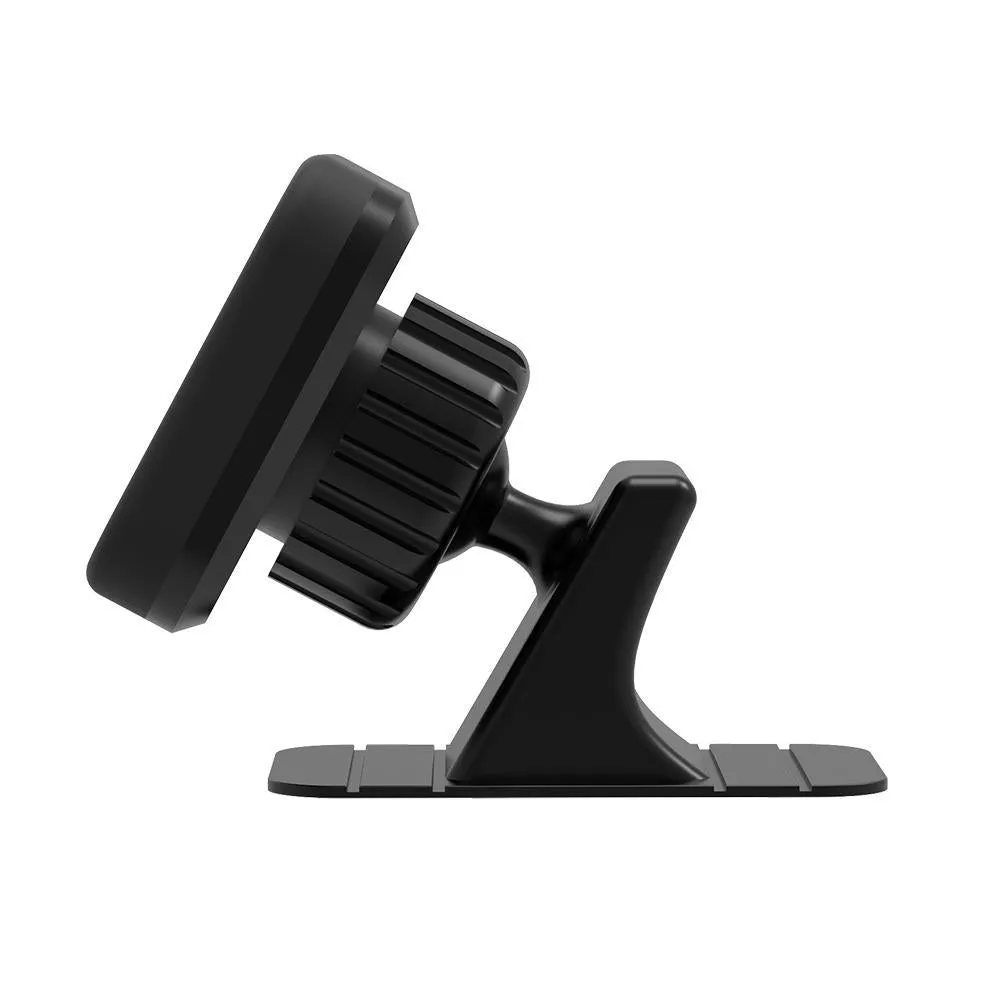 Magnetic car phone holder with nylon base and silicone surface attached to dashboard, available in black