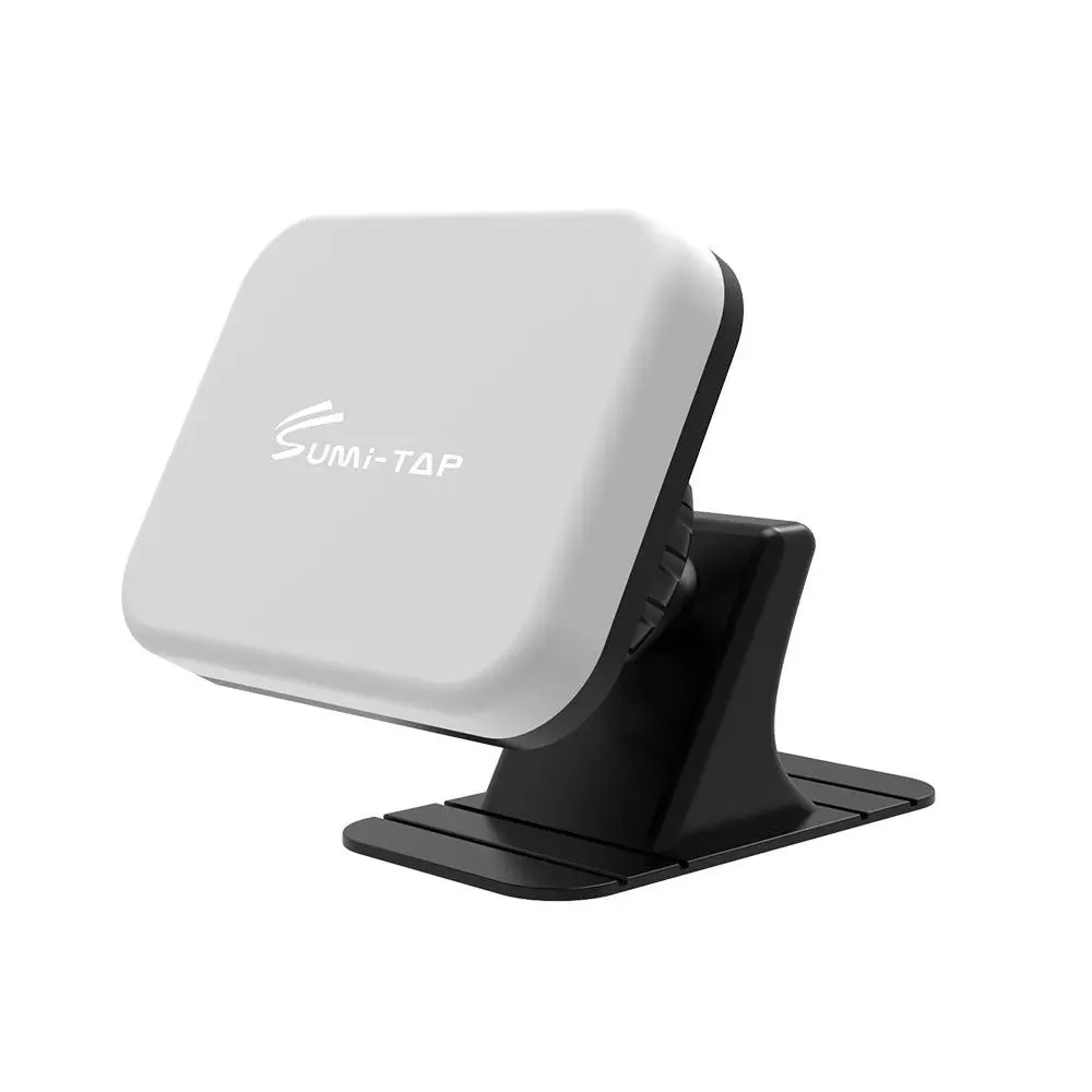 Magnetic car phone holder with nylon base and silicone surface attached to dashboard, available in black