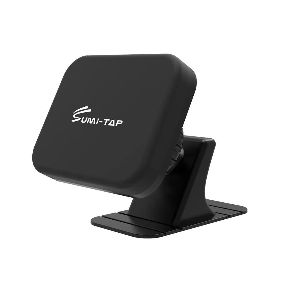Magnetic car phone holder with nylon base and silicone surface attached to dashboard, available in black